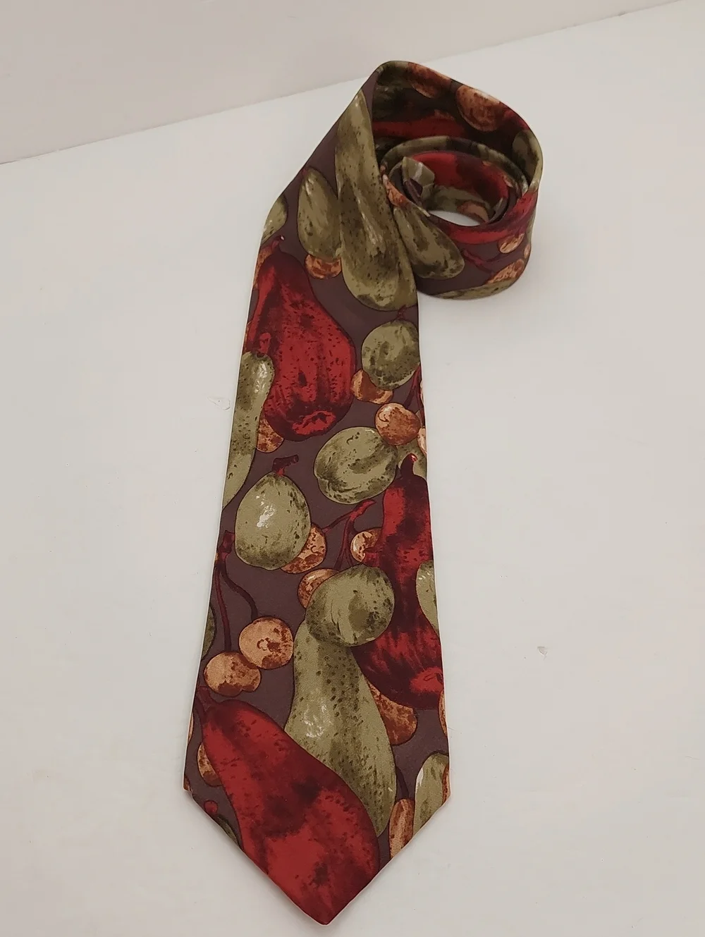 John Weitz Men's Tie Silk Fruit Print Tie in Burgundy Olive Tan